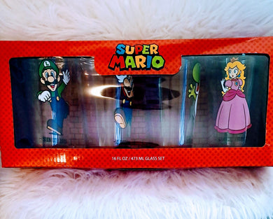 Super Mario bros,collactable glass, set of 4 featuring Luigi, Mario, Yoshi, and Peach in limited edition pub style.