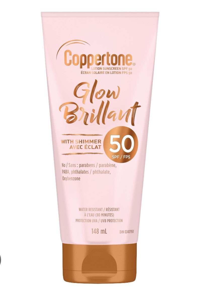 Sunscreen, Coppertone, lotion sunscreen, SPF 50 with shimmer glow, lightweight and water resistant for sun protection.